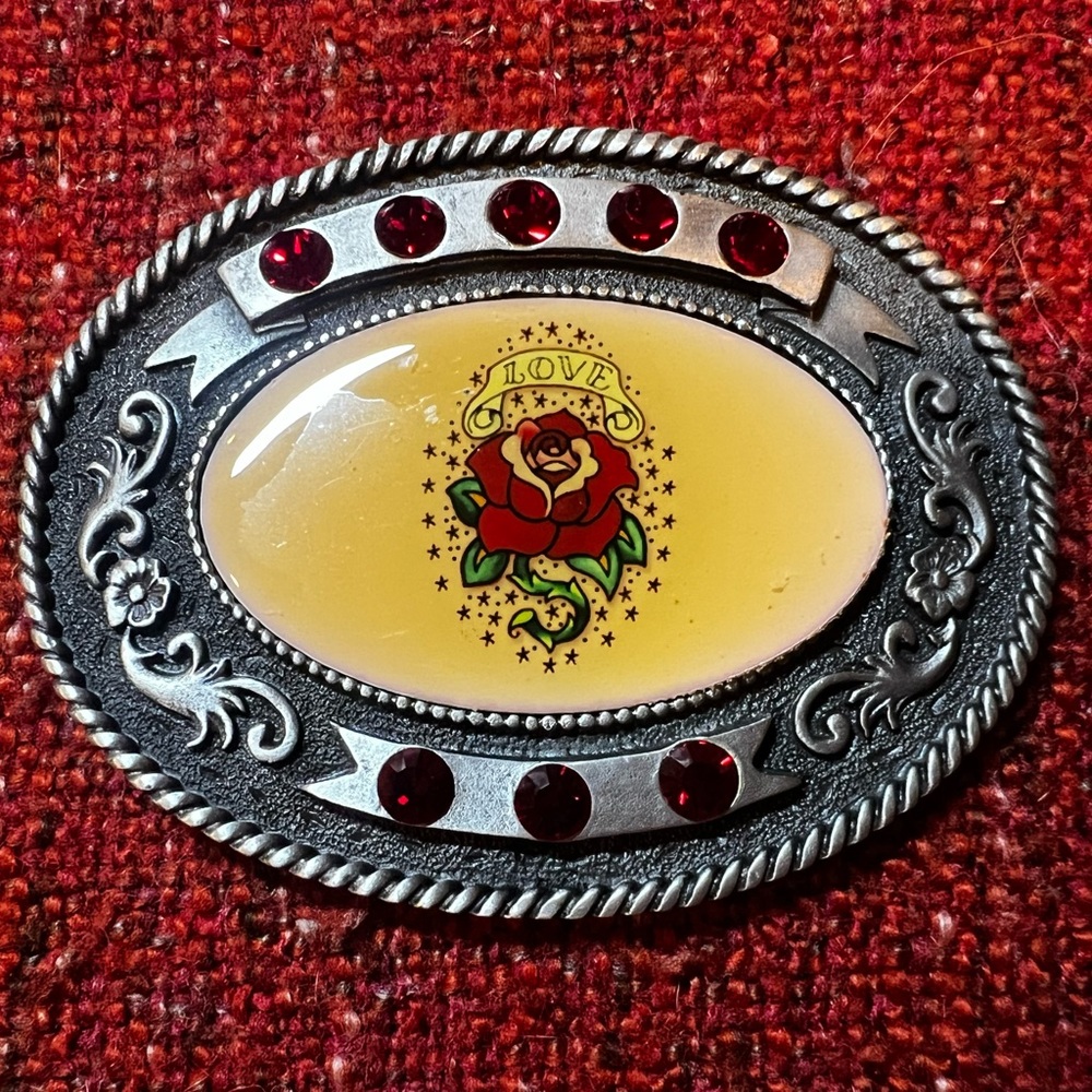 Vintage Classic Hardware Love & Rose belt buckle w red gems RARE